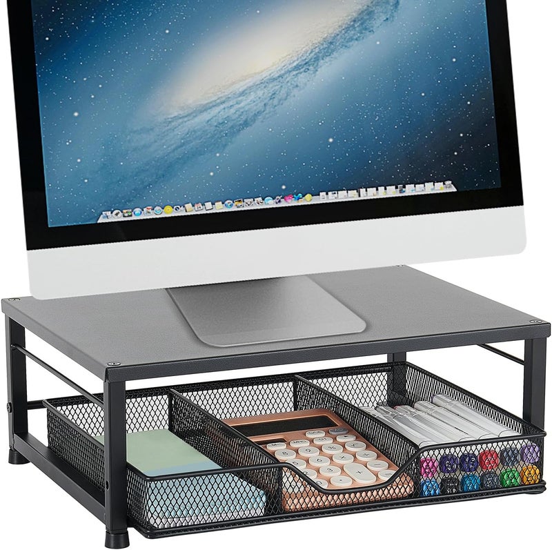 Gugsey Small Laptop Stand for Desk, Monitor Stand Riser, Office Desk Accessories, Computer Desktop Stand with Drawer for Home, Office, School (Black) - Image 1